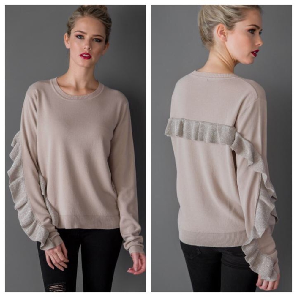 Kayla Shimmer Ruffle Sweater Taupe
